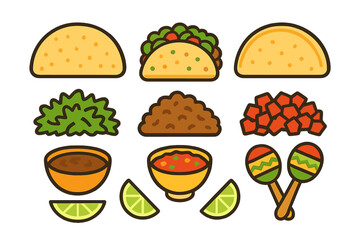 Variety of Mexican cuisine elements including tacos, fresh ingredients, sauces, lime, and maracas