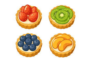 Four sweet fruit tarts featuring strawberry kiwi blueberry and peach slices on creamy filling