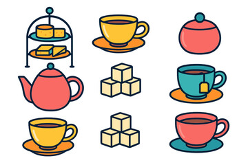 Colorful tea party elements collection including cups, teapot, sugar cubes, and tiered serving stand