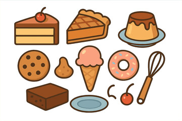 Collection of sweet desserts and baked goods including cake pie and ice cream
