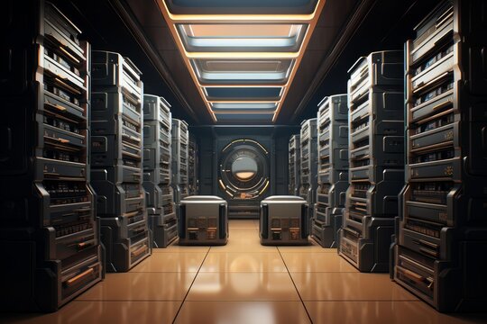Servers processing data in a futuristic server room inside a spaceship or advanced data center