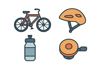 Set of essential cycling equipment including bicycle, helmet, water bottle, and bell
