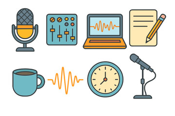 Colorful flat icons for audio production, podcasting, broadcasting, and digital media