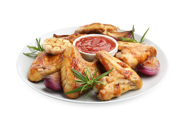 Delicious grilled chicken wings with sauce and spices isolated on white