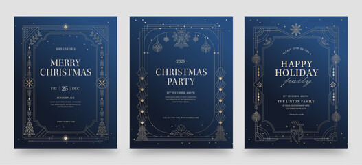 Plakat Luxury Blue and Gold Christmas or New Year Party Flyer with Art Deco Gatsby Style Frame