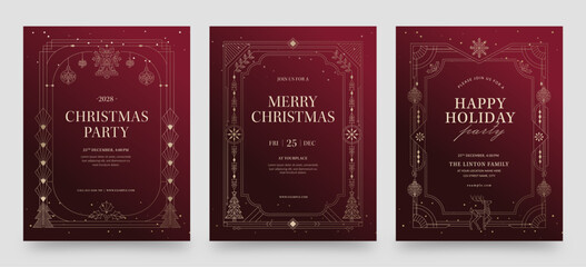 Fototapeta na wymiar Luxury Christmas Invitation Flyer Poster Template with Art Deco Border Frame on Burgundy Background