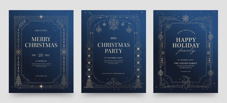 Luxury Blue and Gold Christmas or New Year Party Flyer with Art Deco Gatsby Style Frame