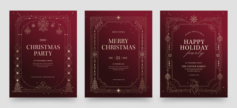 Luxury Christmas Invitation Flyer Poster Template with Art Deco Border Frame on Burgundy Background