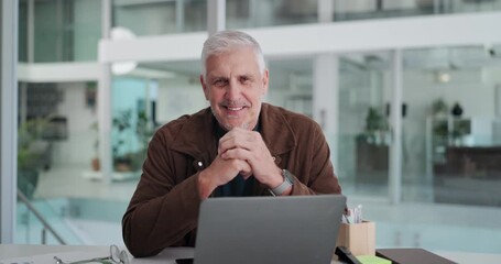 Laptop, smile and face of business man in office for seo analysis, market research and about us. Traffic engagement report, campaign project and social media branding with mature person in agency - Powered by Adobe
