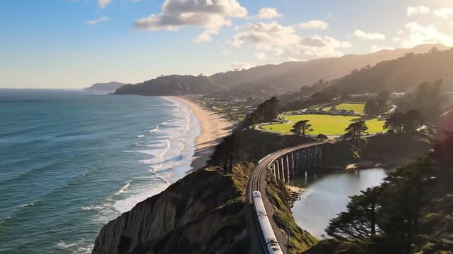 Coastal Train Journey Over Trestle Bridge with Green Hills and Sunny Sky Reflecting on Ocean in California, Trees Line Cliffside and Grassy Fields Visible