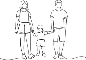 One line art family walking together - Minimalist continuous line drawing of parents and child