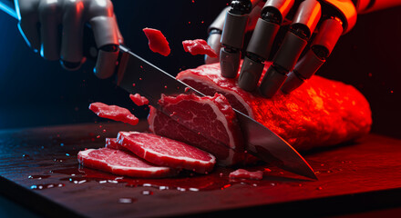 A robotic hand expertly slices through a succulent cut of raw meat, showcasing precision and technological advancement in a captivating, high-tech culinary setting. 