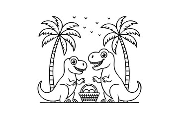 Two cute cartoon dinosaurs with a basket of eggs isolated on white background