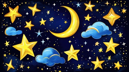 Whimsical night sky with a golden crescent moon, glowing stars, and fluffy clouds creating a dreamy, magical atmosphere for children's themes and bedtime stories.