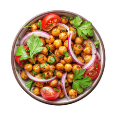 A healthy and flavorful chickpea salad with fresh cherry tomatoes red onions and parsley served in a rustic bowl on a black background