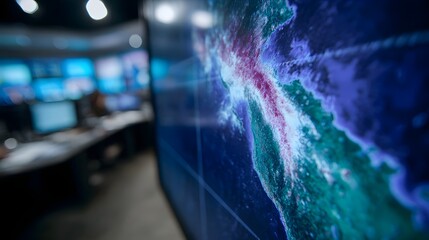 Digital world map displays critical event data in a high tech ope ns control room