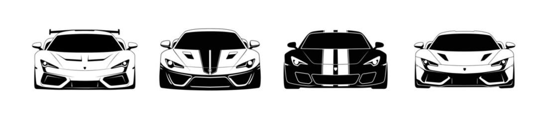 Four sports cars in a row, each with a unique design and color scheme, front view.