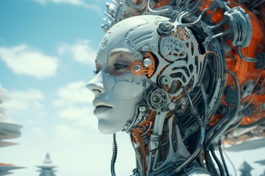 Advanced gynoid with intricate mechanical details contemplates in futuristic cityscape, showcasing artificial intelligence and advanced technology
