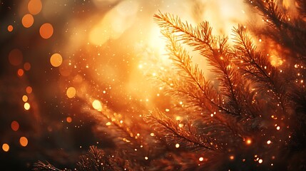 Close-up of pine branches glowing in warm sunlight with golden sparkles and soft bokeh. Cozy festive atmosphere ideal for seasonal or holiday backgrounds