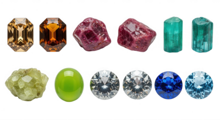 Assorted faceted gemstones and crystals isolated on a transparent background