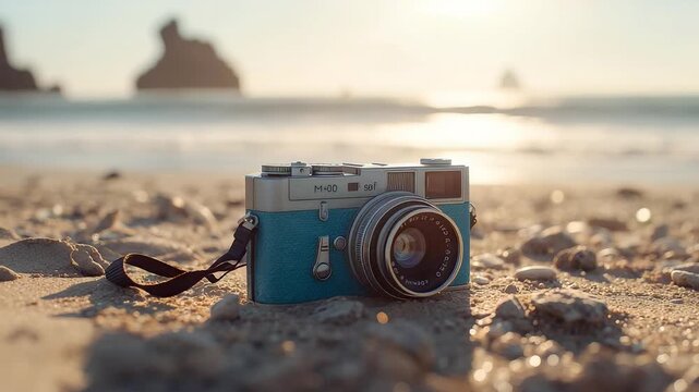 Vintage blue camera on sandy beach at golden sunset with ocean waves and rock formations