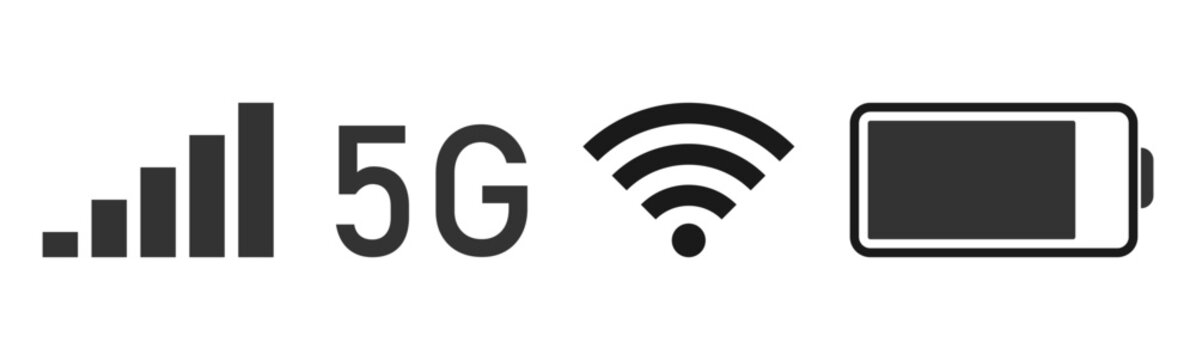 Smartphone status bar battery wifi signal icons vector illustration, Mobile phone 5g network and battery status icons. Transparent PNG background and vector illustration.