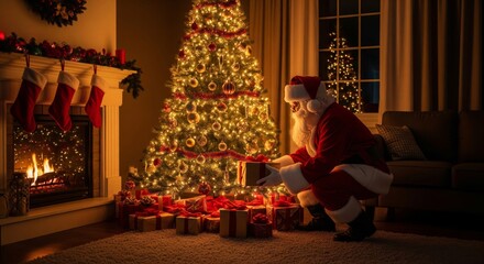Santa Claus Placing Gifts Around Glowing Christmas Tree Near Fireplace