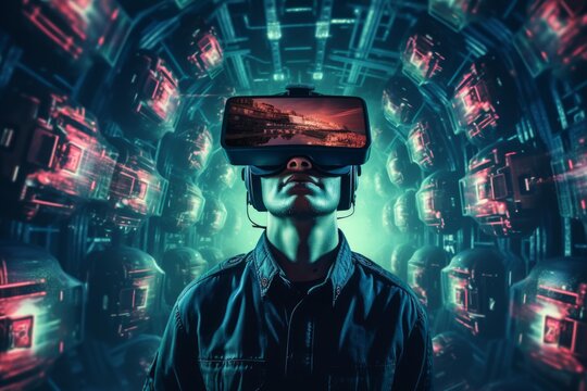 Man wearing vr headset exploring virtual reality metaverse