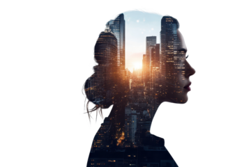 Businesswoman blending with city skyline at sunset showcases the connection between urban life and personal ambition in a creative double exposure