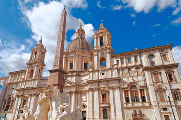 Sant'Agnese in Agone church and Fountain of the Four Rivers with Obelisk at Piazza Navona, Rome, Italy