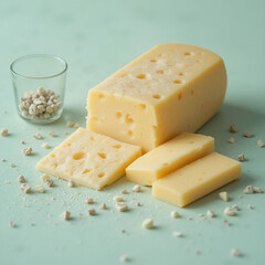 Front view of sliced fresh cheese arranged for a light snack, captured in a color photo symbolizing freshness.