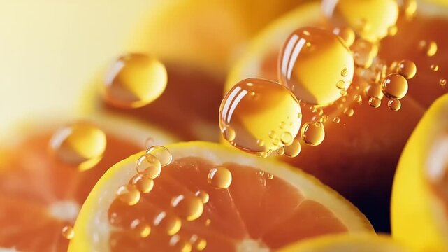 Slices of citrus fruit covered in golden oil droplets against a warm background