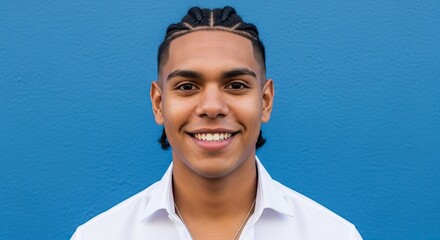 Young Man with Braided Hair Smiling Against Blue Wall Outdoor Portrait
