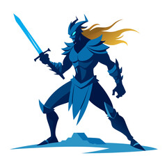 Fierce warrior in blue armor holding a glowing sword silhouette