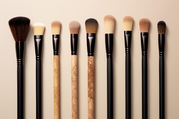 Fototapeta premium Variety of makeup brushes with different bristles and handle materials arranged on a neutral background, for professional makeup artists and beauty enthusiasts