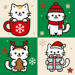 クリスマスにゃんこ４点セット・かわいい擬人化キャットイラスト / Christmas Cat 4-Set &ndash; Cute Anthropomorphic Cat Illustration Collection
