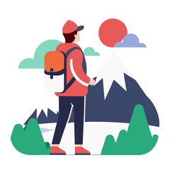 Adventurous hiker enjoys mountain scenery with backpack silhouette