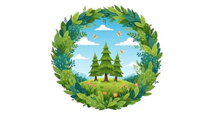 Enchanting Forest Scene with Evergreen Trees and Butterflies