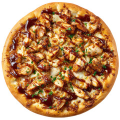 An overhead view of a delicious barbecue chicken pizza with melted cheese and fresh herbs isolated on a dark background