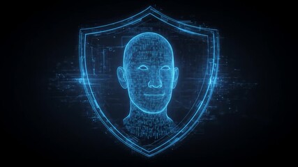A glowing, digital human face, constructed of code, is within a blue shield. The artwork is set against a dark background with subtle electronic details - Powered by Adobe