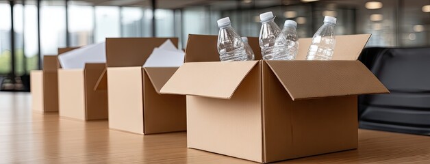Packaging water bottles in cardboard boxes at an office during a team meeting on a sunny afternoon