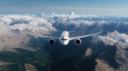 An airplane glides above stunning mountain peaks, showcasing luxury travel and modern passengers enjoying the journey
