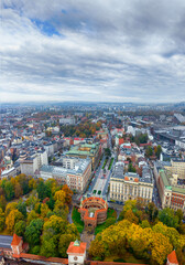 Obraz premium Aerial view of Barbican (Barbakan) and Matejko Square, Krakow, Poland 