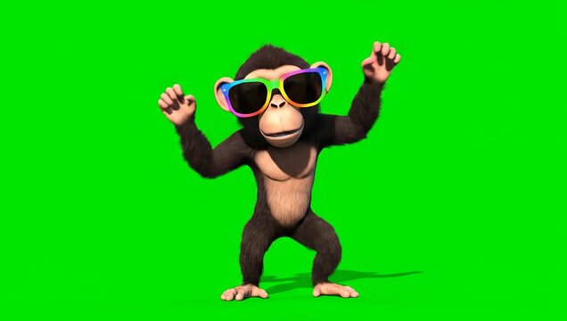 A cartoon chimpanzee wearing sunglasses is dancing in front of a green screen.