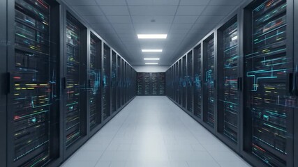 A data center corridor features rows of server racks, with digital lines overlaid. Bright lights illuminate the tiled floor - Powered by Adobe