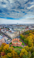 Obraz premium Aerial view of Barbican (Barbakan) and Matejko Square, Krakow, Poland 