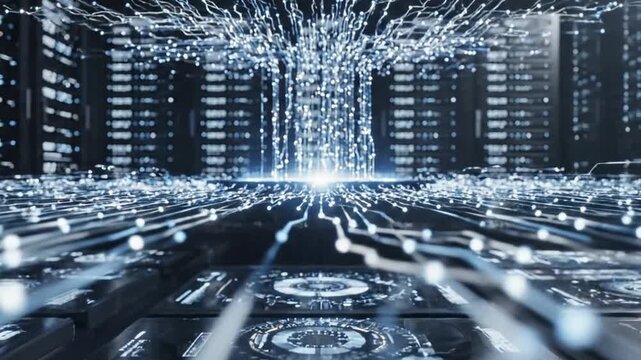 Abstract Futuristic Cityscape With Glowing Lines Connecting White Dots Background with Blurred Buildings Blue Tones, Artificial Intelligence Connection Concept