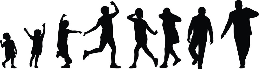 Silhouette of people walking, running, and dancing at different life stages, family generation evolution, motion, lifestyle, activity, and growth concept  of people walking, running, and dancing at 
