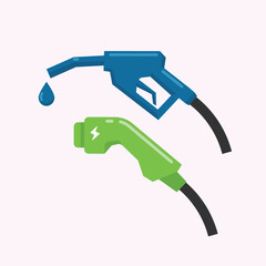 Illustration of electric and gasoline nozzles, symbolizing transition from fossil fuel to clean electric energy.