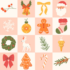 Geometric pattern with hand-drawn vintage Christmas stickers. Vector background for winter holidays. Vector illustration